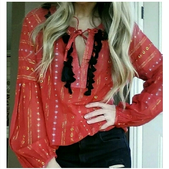 Belle Vere for Anthropologie Tasseled Boho Long Sleeve Blouse - Picture 6 of 11